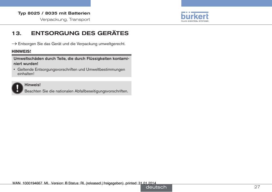 Entsorgung des gerätes | Burkert Type 8035 User Manual | Page 57 / 88