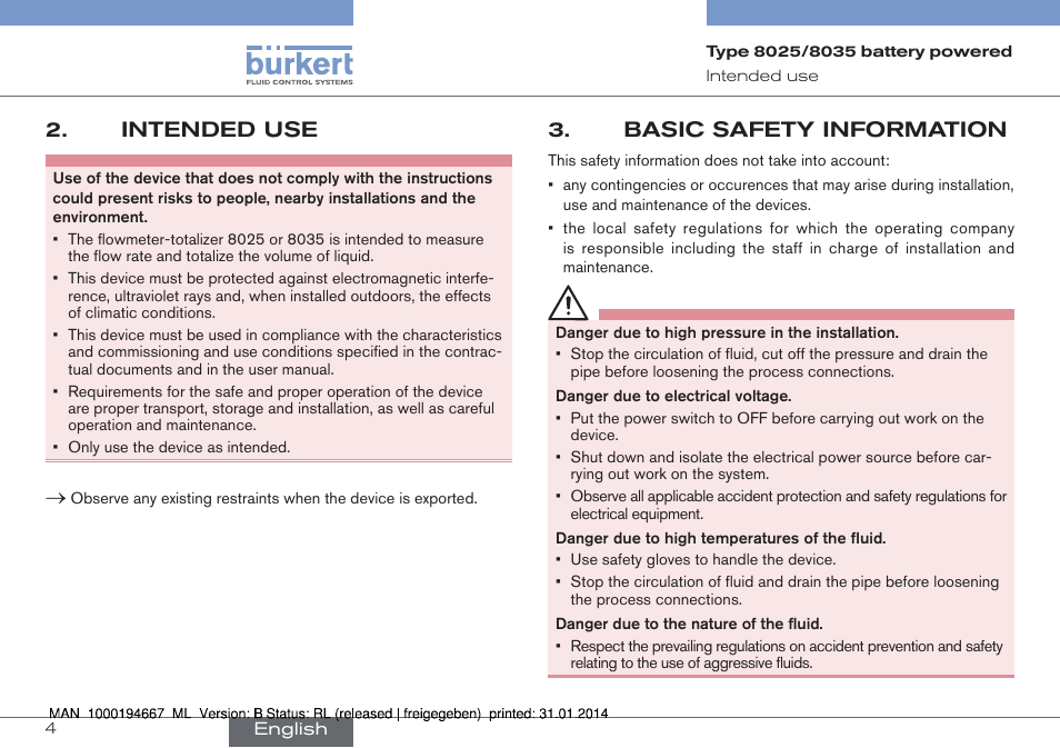 Intended use, Basic safety information | Burkert Type 8035 User Manual | Page 6 / 88