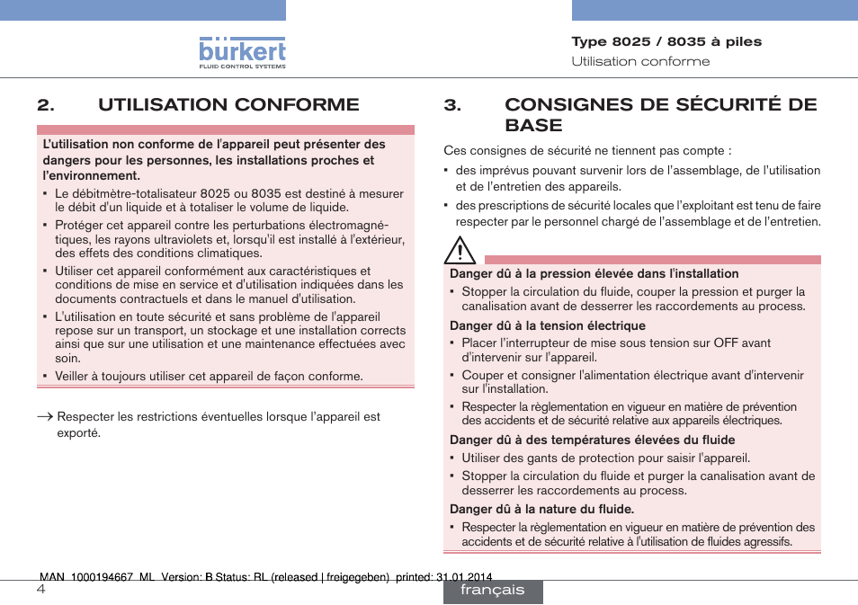 Utilisation conforme, Consignes de sécurité de base | Burkert Type 8035 User Manual | Page 62 / 88