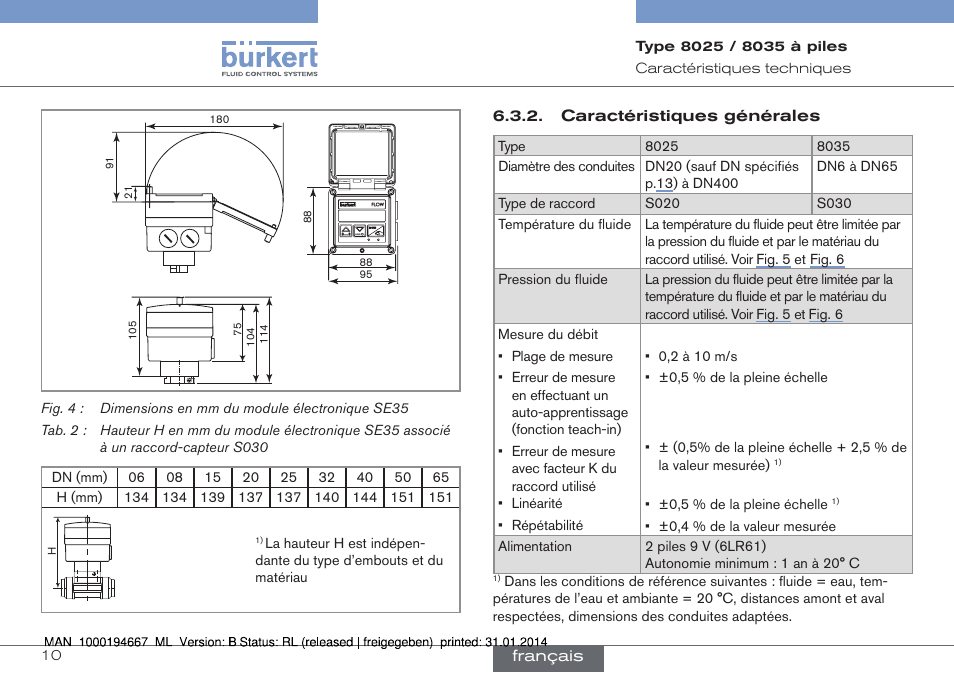 Caractéristiques générales | Burkert Type 8035 User Manual | Page 68 / 88