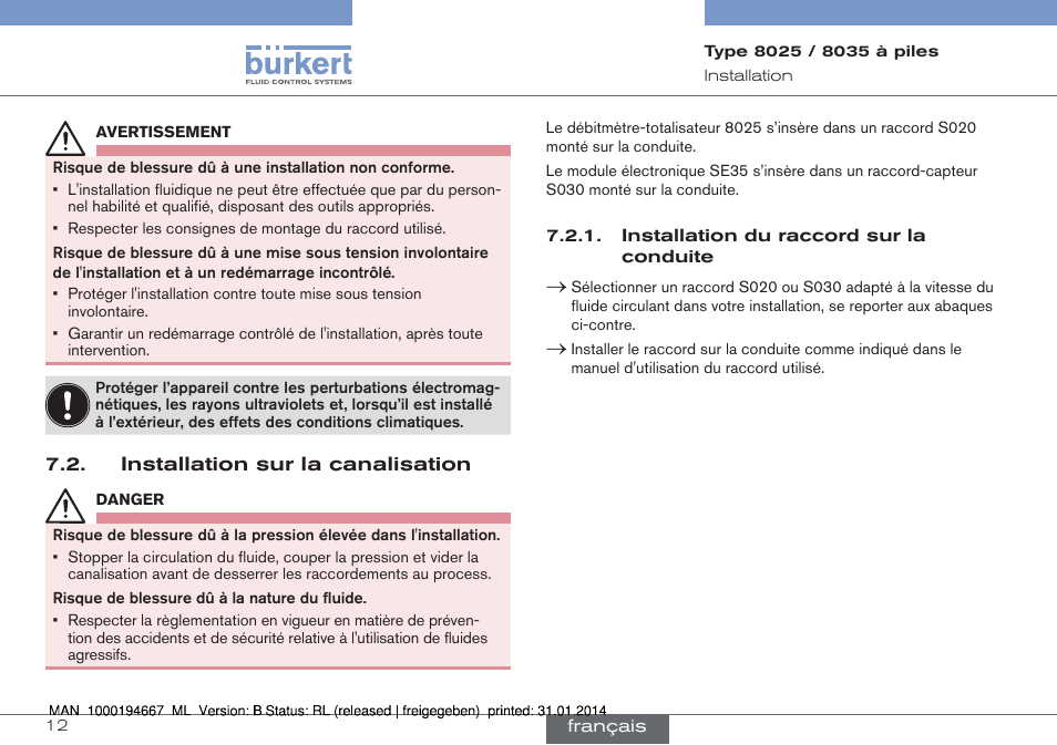 Installation sur la canalisation, Installation du raccord sur la conduite | Burkert Type 8035 User Manual | Page 70 / 88