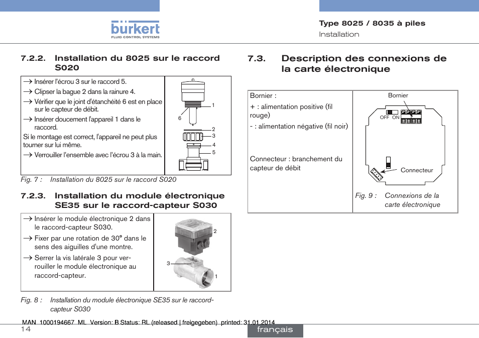 Installation du 8025 sur le raccord s020, Installation du module électronique se35 sur le, Raccord-capteur s030 | Burkert Type 8035 User Manual | Page 72 / 88