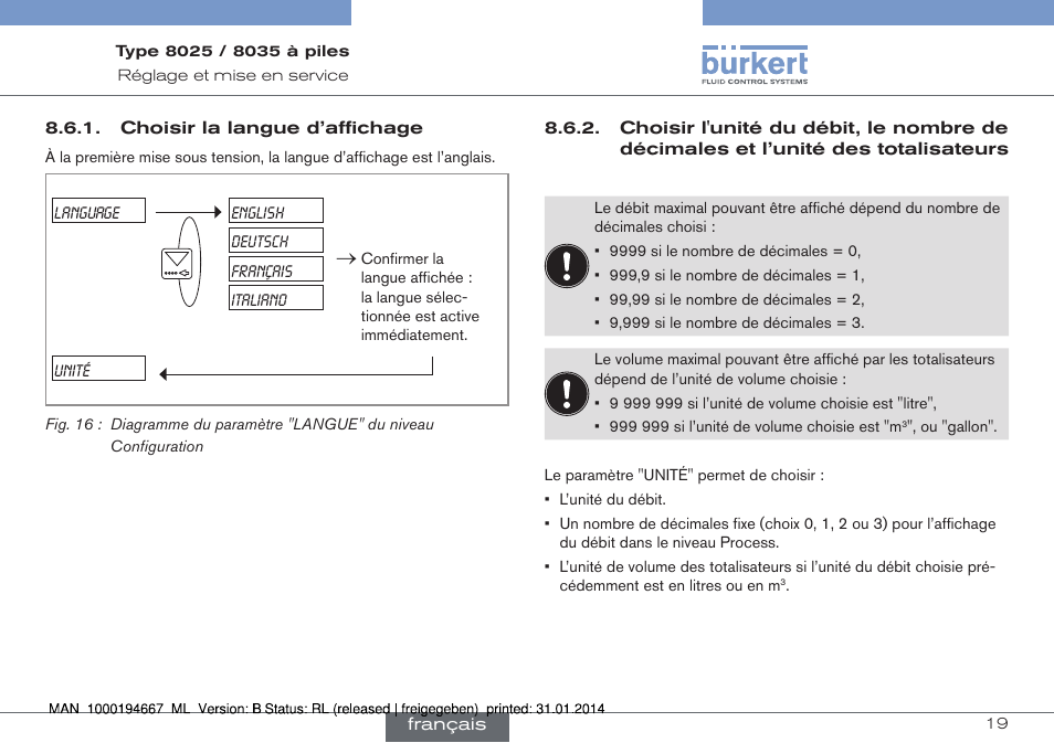 Choisir la langue d’affichage, Et l’unité des totalisateurs | Burkert Type 8035 User Manual | Page 77 / 88