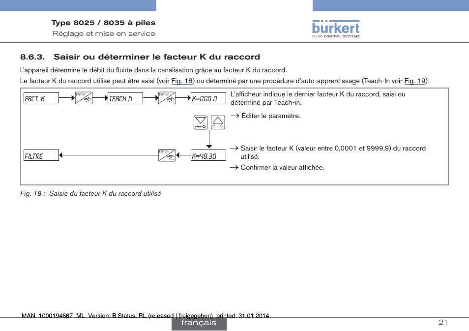 Saisir ou déterminer le facteur k du raccord | Burkert Type 8035 User Manual | Page 79 / 88