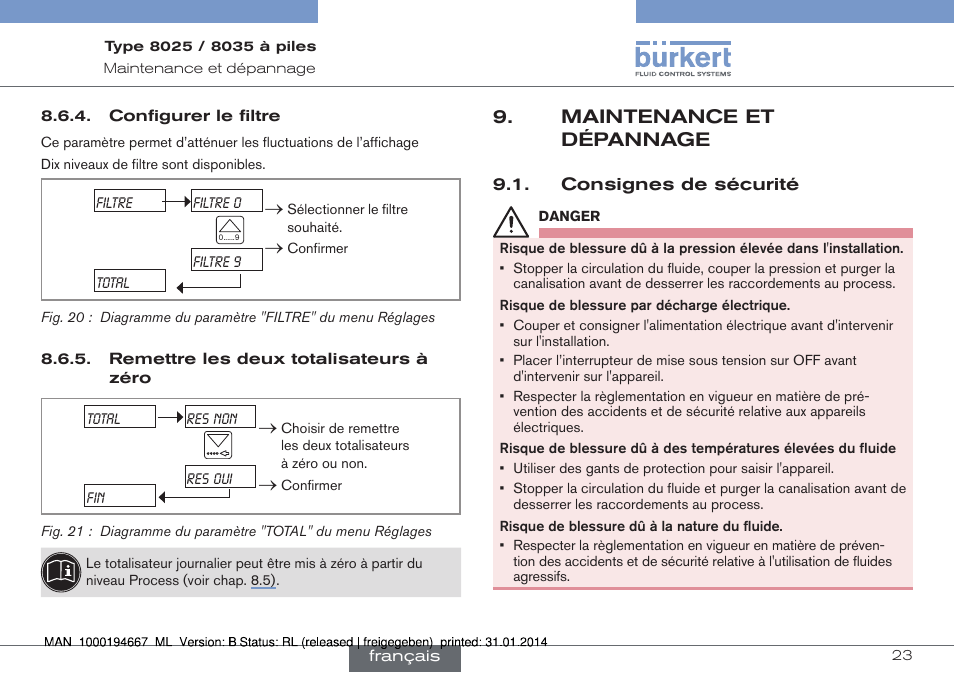 Configurer le filtre, Remettre les deux totalisateurs à zéro, Maintenance et dépannage | Consignes de sécurité | Burkert Type 8035 User Manual | Page 81 / 88