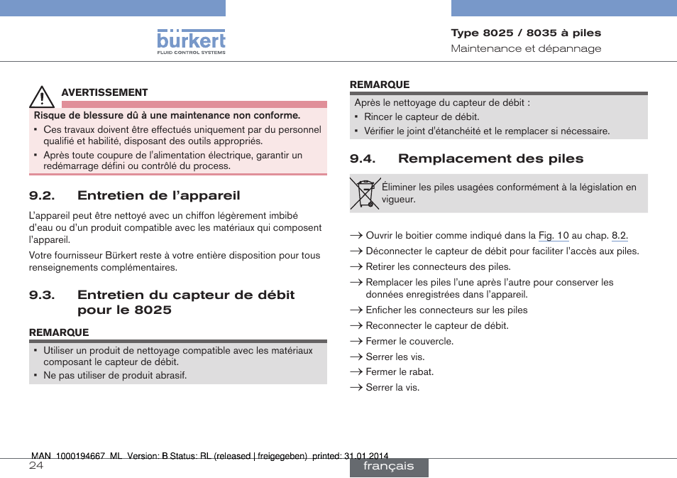Entretien de l’appareil, Entretien du capteur de débit pour le 8025, Remplacement des piles | Burkert Type 8035 User Manual | Page 82 / 88