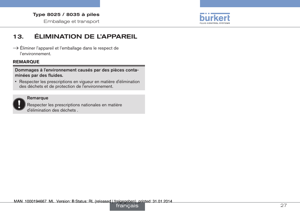 Élimination de l’appareil | Burkert Type 8035 User Manual | Page 85 / 88
