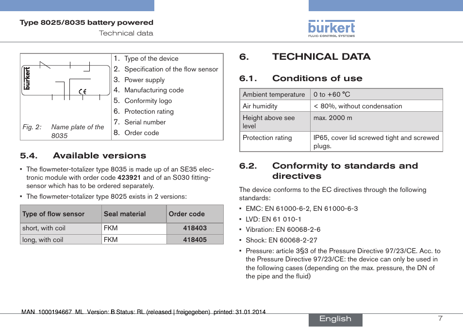 Available versions, Technical data, Conditions of use | Conformity to standards and directives | Burkert Type 8035 User Manual | Page 9 / 88