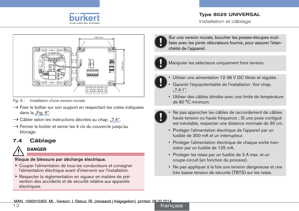 4 câblage, Français, Current source sink | Ao1) supply nc coil pulse input npn/pnp 2 1 3 pe | Burkert Type 8025 User Manual | Page 100 / 134