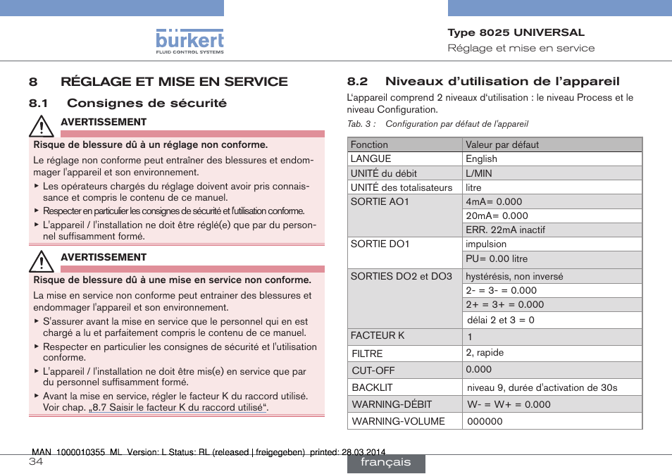 8 réglage et mise en service | Burkert Type 8025 User Manual | Page 122 / 134