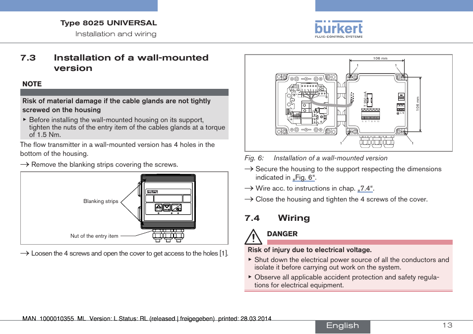 4 wiring, 3 installation of a wall-mounted version, English | Current source sink, Ao1) supply nc coil pulse input npn/pnp 2 1 3 pe, Fig. 6: installation of a wall-mounted version, Wire▶acc.▶to▶instructions▶in▶chap.▶ „7.4, Remove▶the▶blanking▶strips▶covering▶the▶screws | Burkert Type 8025 User Manual | Page 13 / 134