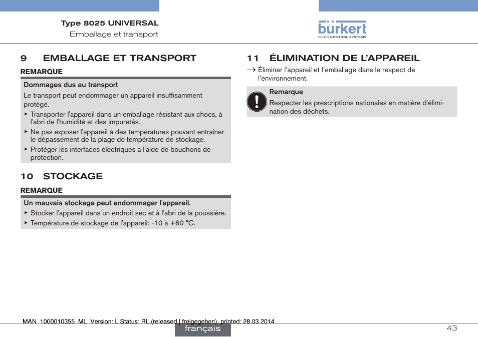 9 emballage et transport, 10 stockage, 11 élimination de l’appareil | Burkert Type 8025 User Manual | Page 131 / 134
