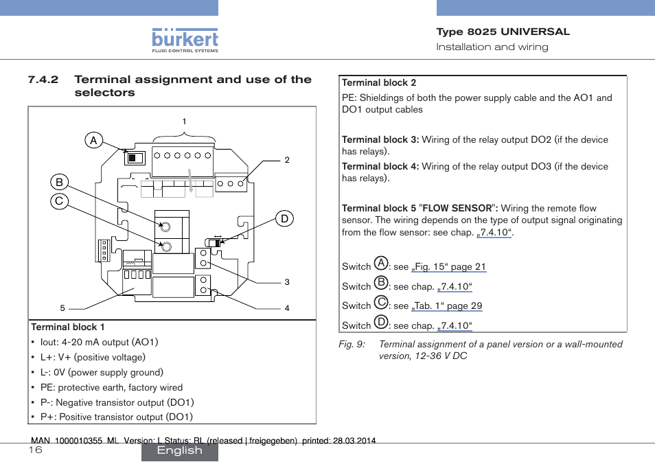 2 terminal assignment and use of the selectors, Ac d, English | See▶ „fig.▶15“▶page▶21 switch, See▶chap. ▶„7.4.10“ switch, See▶ „tab.▶1“▶page▶29 switch | Burkert Type 8025 User Manual | Page 16 / 134