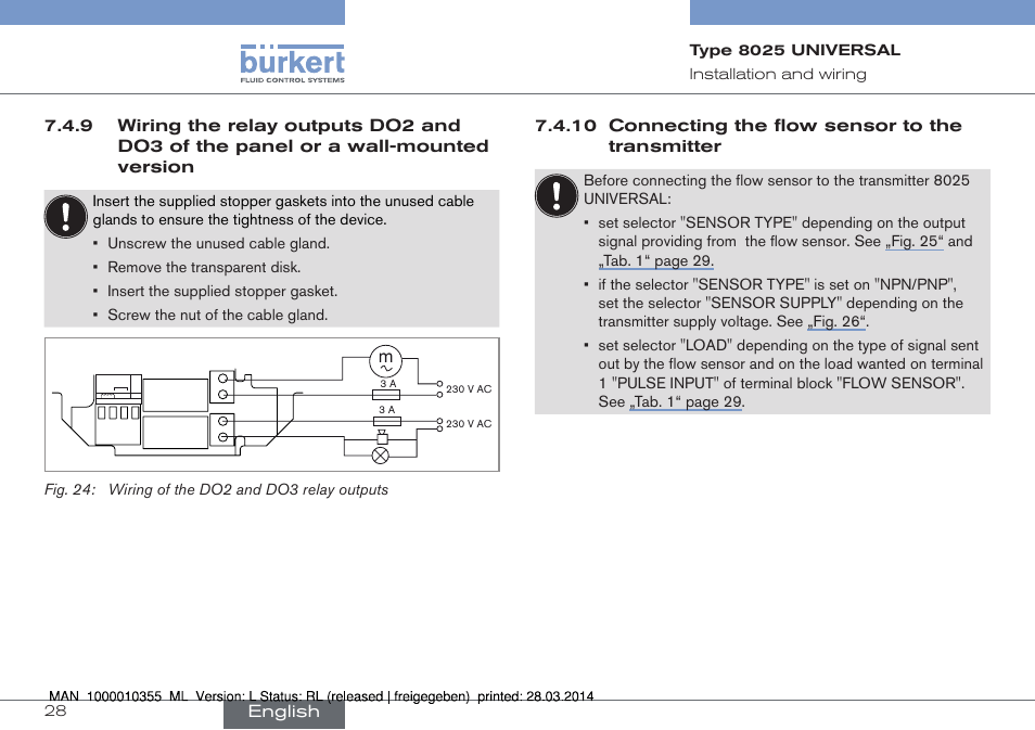 10 connecting the flow sensor to the transmitter, English, Fig. 24: wiring of the do2 and do3 relay outputs | Burkert Type 8025 User Manual | Page 28 / 134