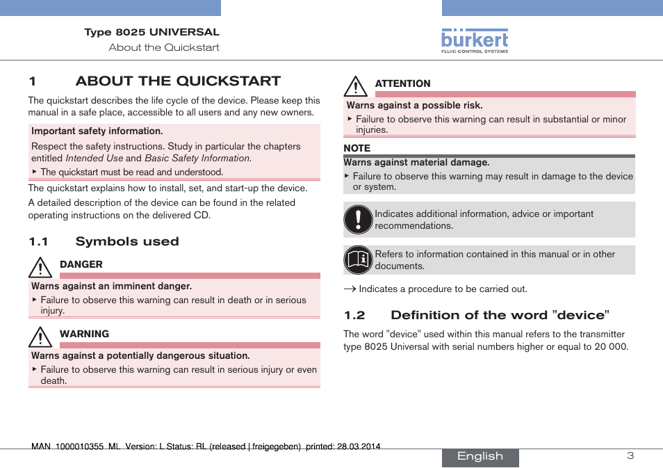 1 about the quickstart, 1about the quickstart | Burkert Type 8025 User Manual | Page 3 / 134