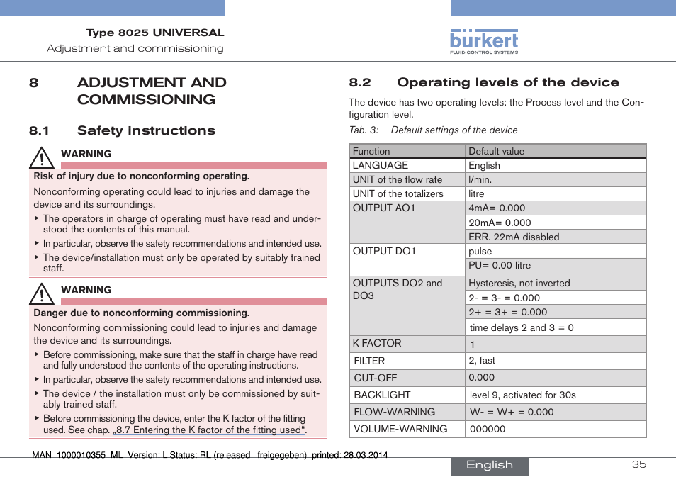 8 adjustment and commissioning, 8adjustment and commissioning | Burkert Type 8025 User Manual | Page 35 / 134