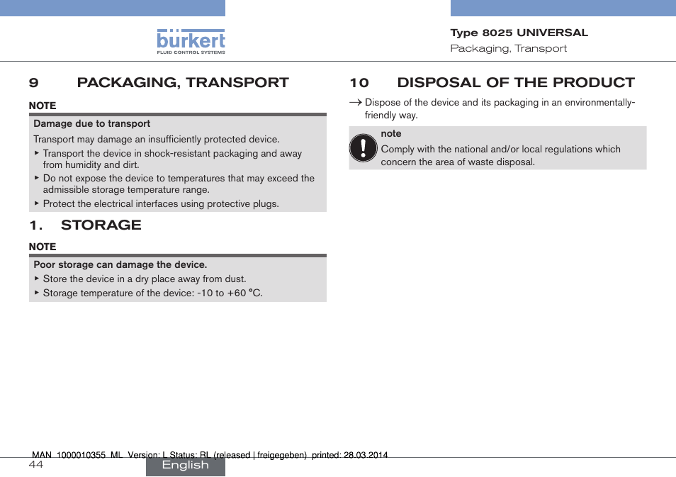 9 packaging, transport, Storage, 10 disposal of the product | 9packaging, transport | Burkert Type 8025 User Manual | Page 44 / 134