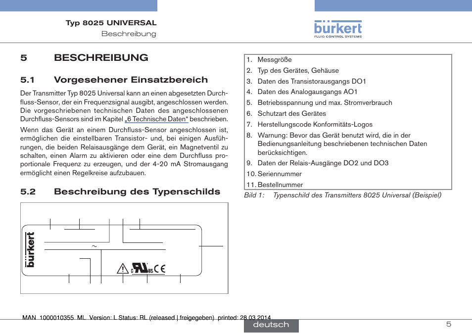 5 beschreibung, 5beschreibung, 1 vorgesehener einsatzbereich | 2 beschreibung des typenschilds | Burkert Type 8025 User Manual | Page 49 / 134