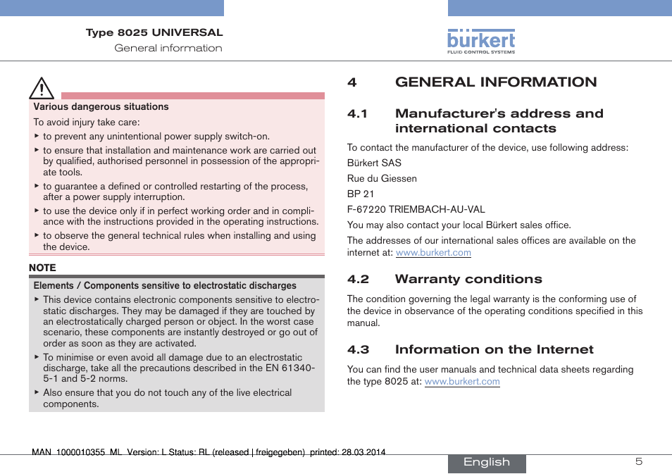 4 general information, 4general information | Burkert Type 8025 User Manual | Page 5 / 134