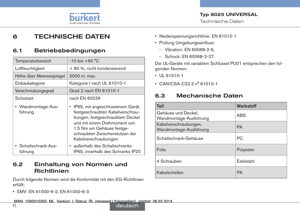 6 technische daten, 6technische daten | Burkert Type 8025 User Manual | Page 50 / 134