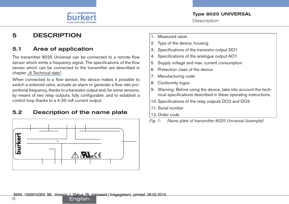 5 description, 5description, 1 area of application | 2 description of the name plate | Burkert Type 8025 User Manual | Page 6 / 134