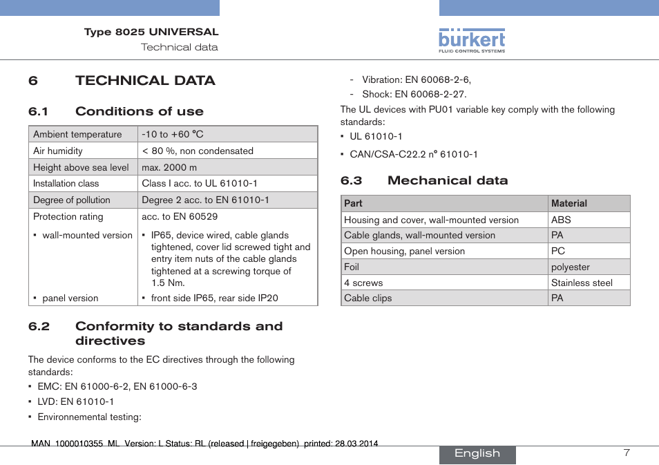 6 technical data, 6technical data | Burkert Type 8025 User Manual | Page 7 / 134