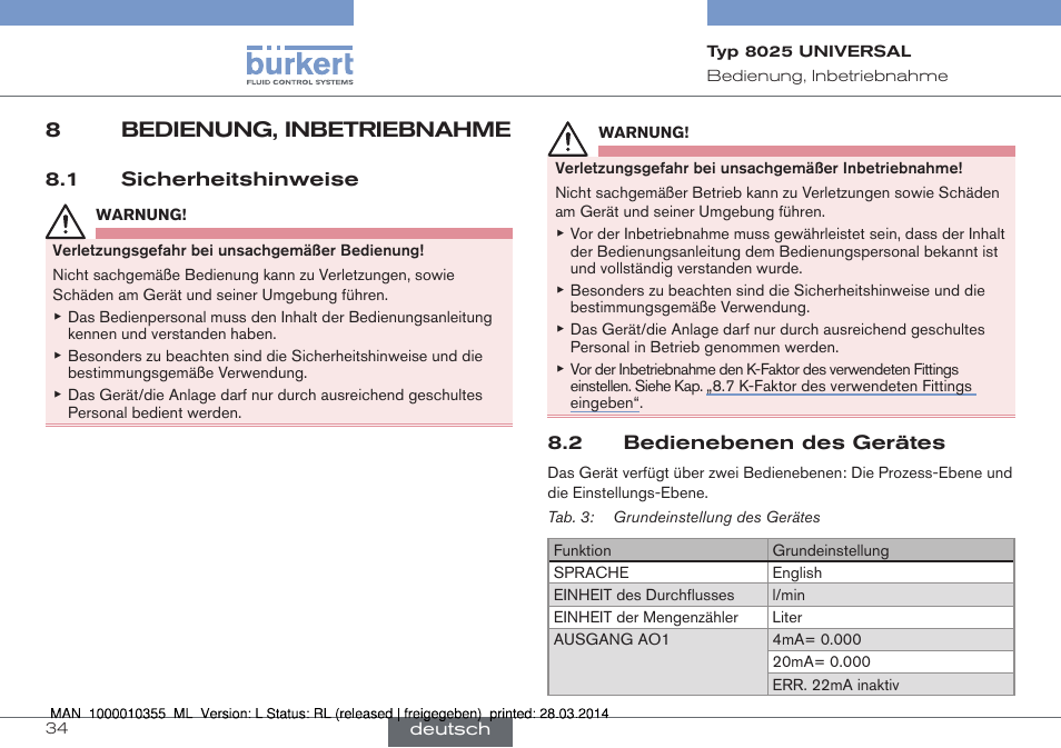 8 bedienung, inbetriebnahme, 8bedienung, inbetriebnahme | Burkert Type 8025 User Manual | Page 78 / 134