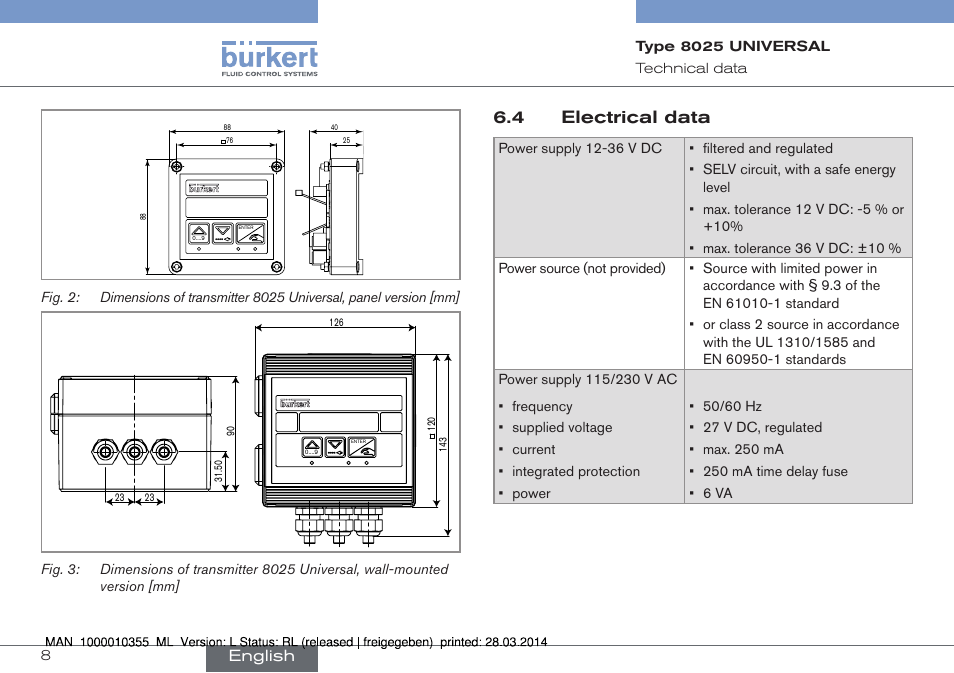 4 electrical data, English | Burkert Type 8025 User Manual | Page 8 / 134