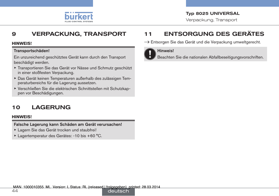 9 verpackung, transport, 10 lagerung, 11 entsorgung des gerätes | 9verpackung, transport | Burkert Type 8025 User Manual | Page 88 / 134
