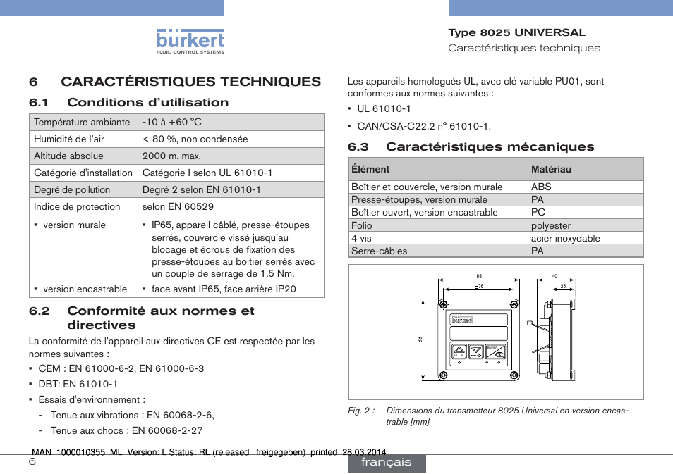 6 caractéristiques techniques, 6caractéristiques techniques | Burkert Type 8025 User Manual | Page 94 / 134