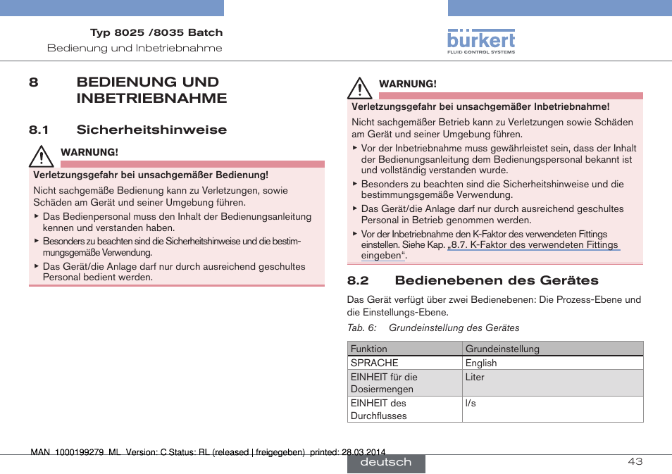 8 bedienung und inbetriebnahme, 8bedienung und inbetriebnahme | Burkert Type 8035 User Manual | Page 103 / 176