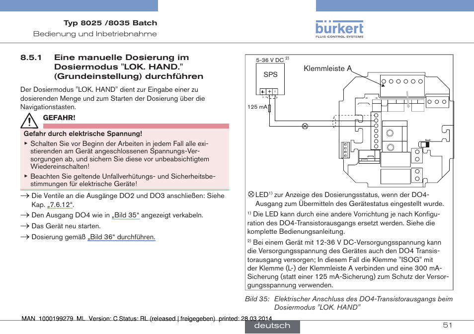 Klemmleiste▶a, Deutsch, Das▶gerät▶neu▶starten | Dosierung▶gemäß ▶„bild▶36“▶ durchführen | Burkert Type 8035 User Manual | Page 111 / 176