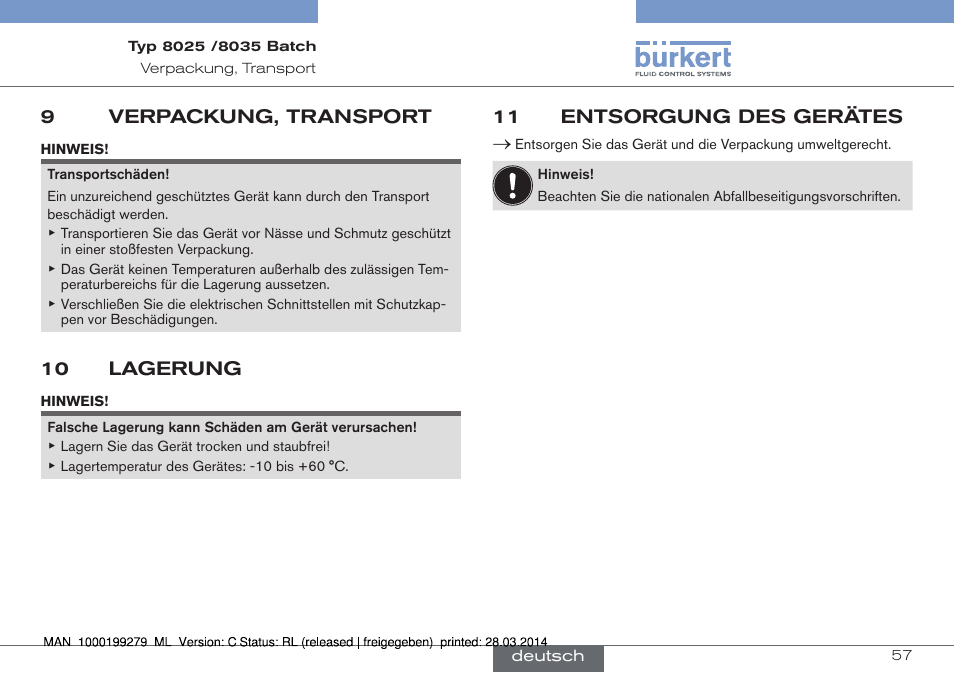 9 verpackung, transport, 10 lagerung, 11 entsorgung des gerätes | 9verpackung, transport | Burkert Type 8035 User Manual | Page 117 / 176