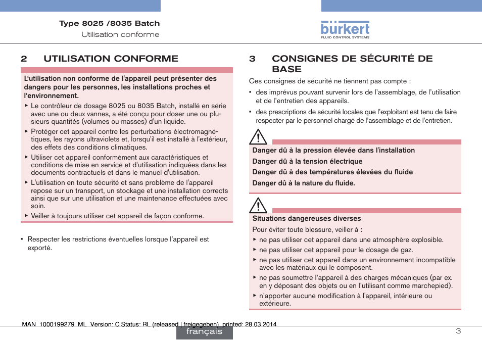 2 utilisation conforme, 3 consignes de sécurité de base | Burkert Type 8035 User Manual | Page 121 / 176