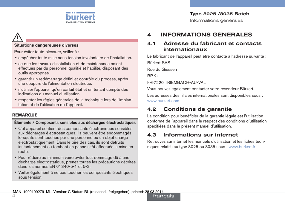 4 informations générales | Burkert Type 8035 User Manual | Page 122 / 176