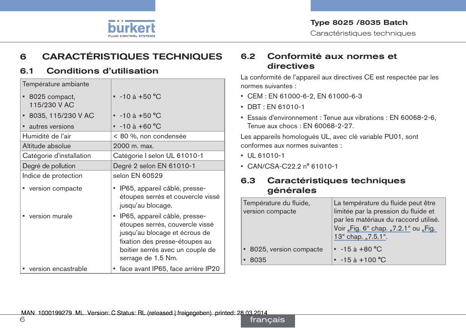 6 caractéristiques techniques | Burkert Type 8035 User Manual | Page 124 / 176