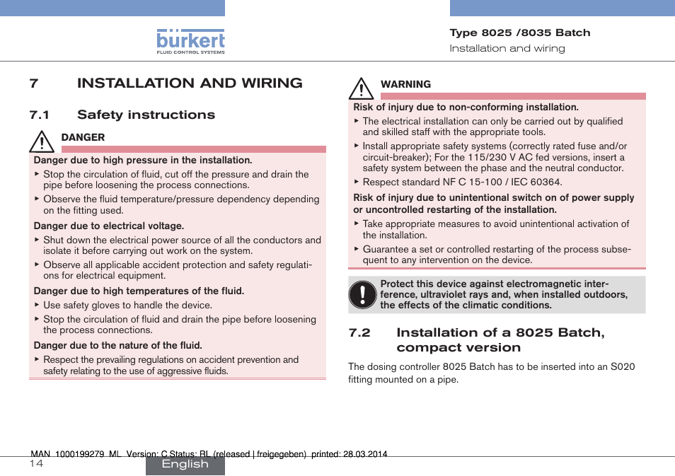 7 installation and wiring, 7installation and wiring | Burkert Type 8035 User Manual | Page 16 / 176