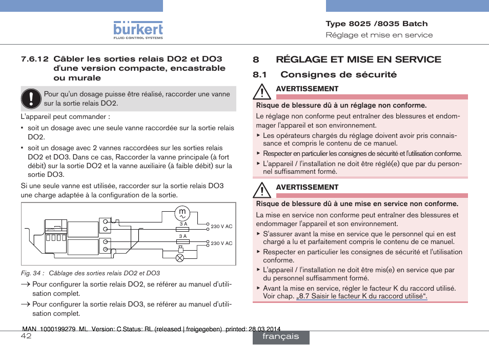 8 réglage et mise en service, 8réglage et mise en service, 1 consignes de sécurité | Français | Burkert Type 8035 User Manual | Page 160 / 176