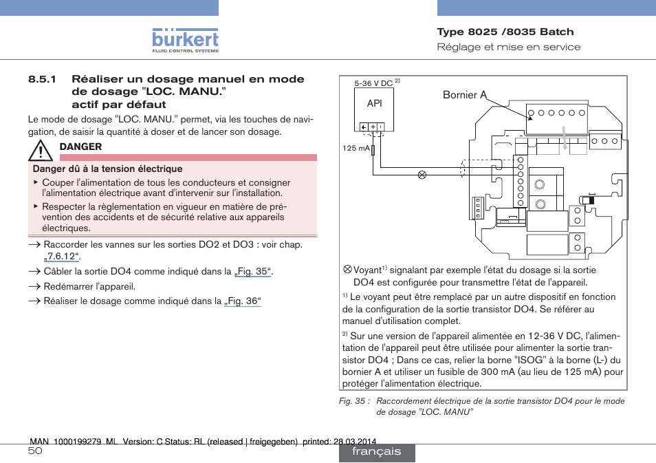 Bornier▶a, Français, Redémarrer▶l'appareil | Réaliser▶le▶dosage▶comme▶indiqué▶dans▶la ▶„fig.▶36, Voyant | Burkert Type 8035 User Manual | Page 168 / 176