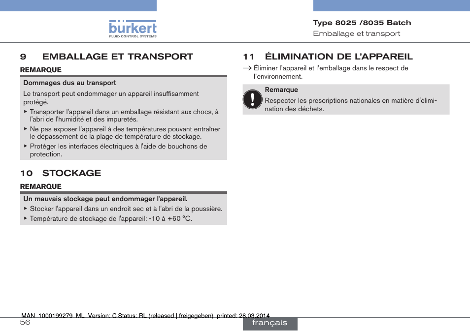 9 emballage et transport, 10 stockage, 11 élimination de l’appareil | Burkert Type 8035 User Manual | Page 174 / 176