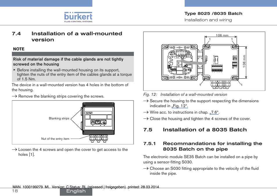 4 installation of a wall-mounted version, English, Remove▶the▶blanking▶strips▶covering▶the▶screws | Current source sink, Ao1) supply nc coil puls e input npn/pnp 2 1 3 pe, Fig. 12: installation of a wall-mounted version, Wire▶acc.▶to▶instructions▶in▶chap.▶ „7.6 | Burkert Type 8035 User Manual | Page 20 / 176