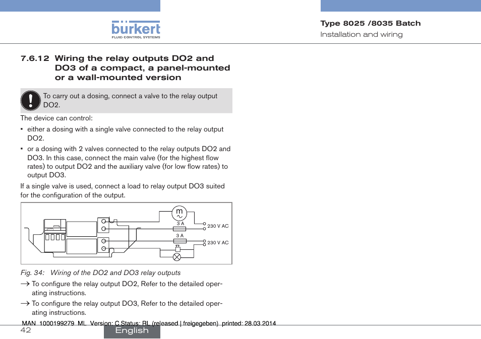 English, Fig. 34: wiring of the do2 and do3 relay outputs | Burkert Type 8035 User Manual | Page 44 / 176