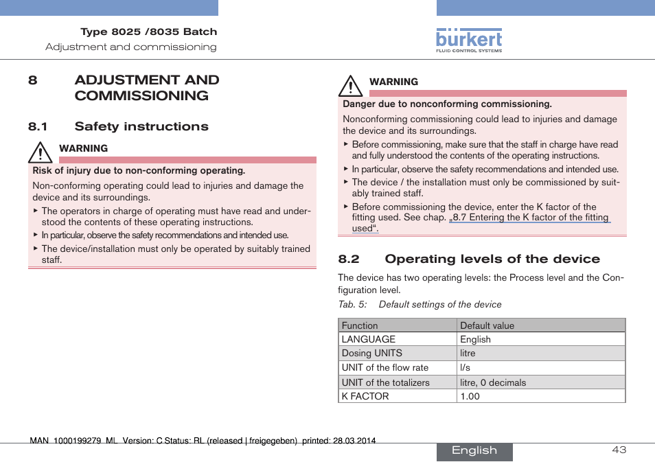 8 adjustment and commissioning, 8adjustment and commissioning | Burkert Type 8035 User Manual | Page 45 / 176