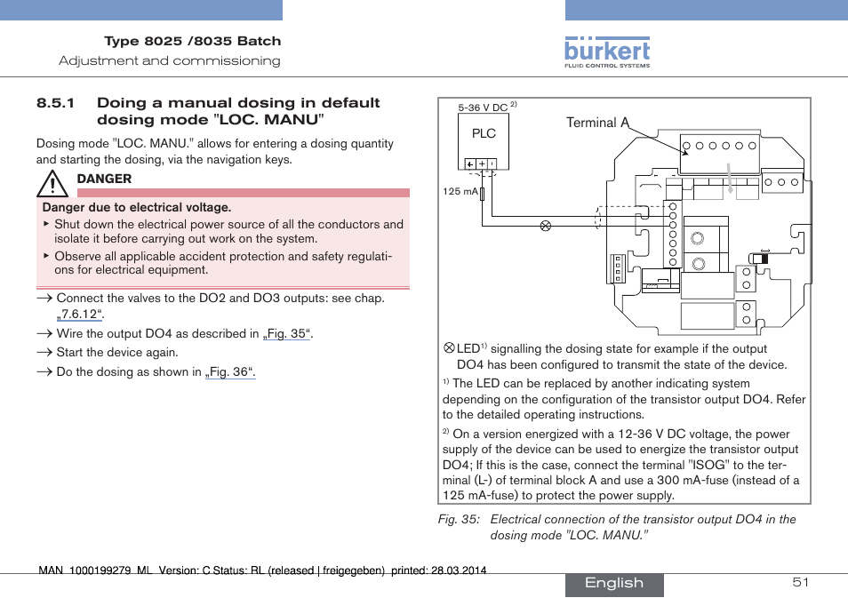 Terminal▶a, English, Wire▶the▶output▶do4▶as▶described▶in▶ „fig.▶35 | Start▶the▶device▶again, Do▶the▶dosing▶as▶shown▶in▶ „fig.▶36 | Burkert Type 8035 User Manual | Page 53 / 176