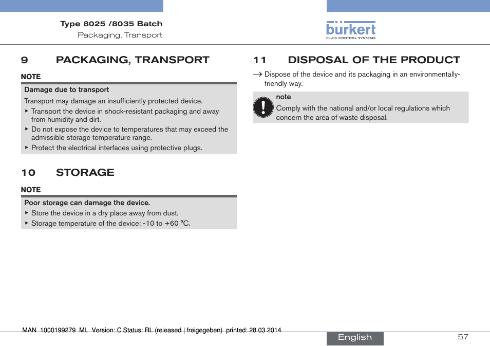 9 packaging, transport, 10 storage, 11 disposal of the product | 9packaging, transport | Burkert Type 8035 User Manual | Page 59 / 176