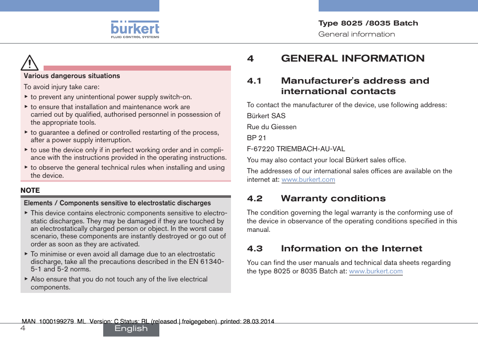4 general information, 4general information | Burkert Type 8035 User Manual | Page 6 / 176