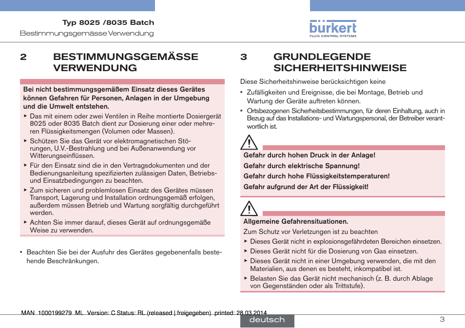 2 bestimmungsgemässe verwendung, 3 grundlegende sicherheitshinweise, 2bestimmungsgemässe verwendung | 3grundlegende sicherheitshinweise | Burkert Type 8035 User Manual | Page 63 / 176