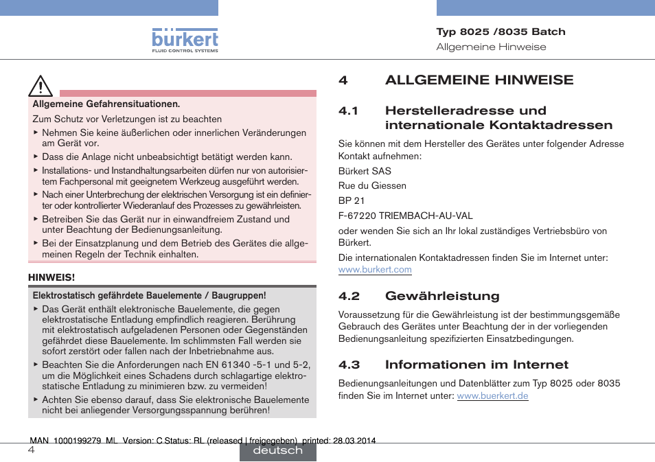 4 allgemeine hinweise, 4allgemeine hinweise | Burkert Type 8035 User Manual | Page 64 / 176