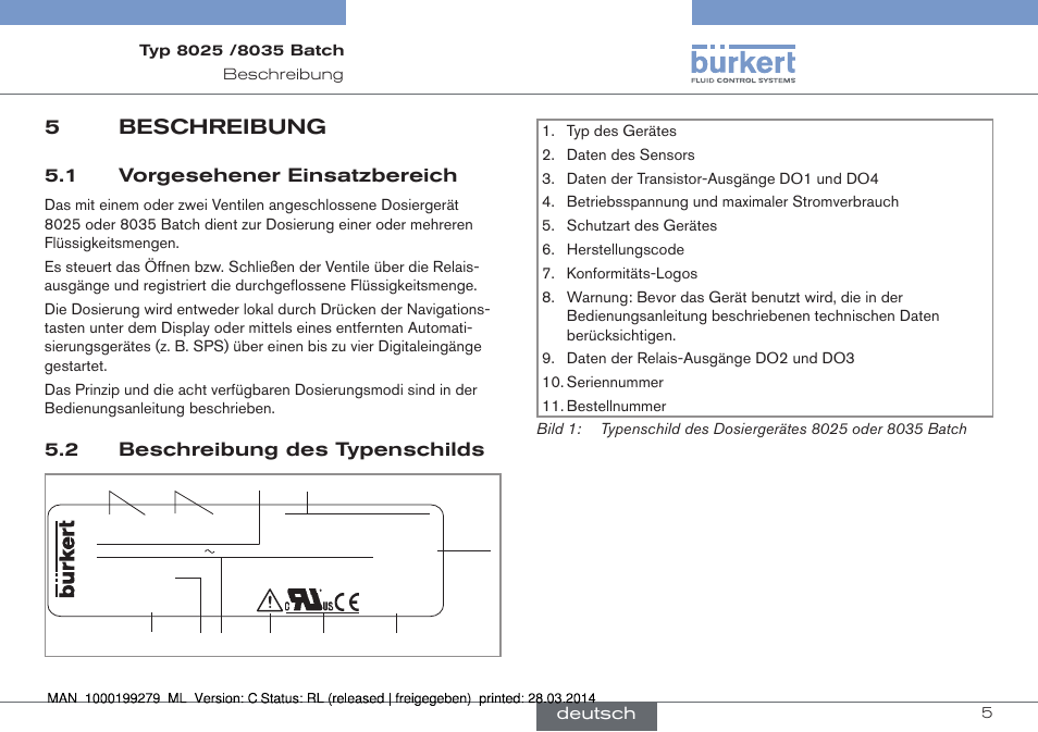 5 beschreibung, 5beschreibung, 1 vorgesehener einsatzbereich | 2 beschreibung des typenschilds | Burkert Type 8035 User Manual | Page 65 / 176