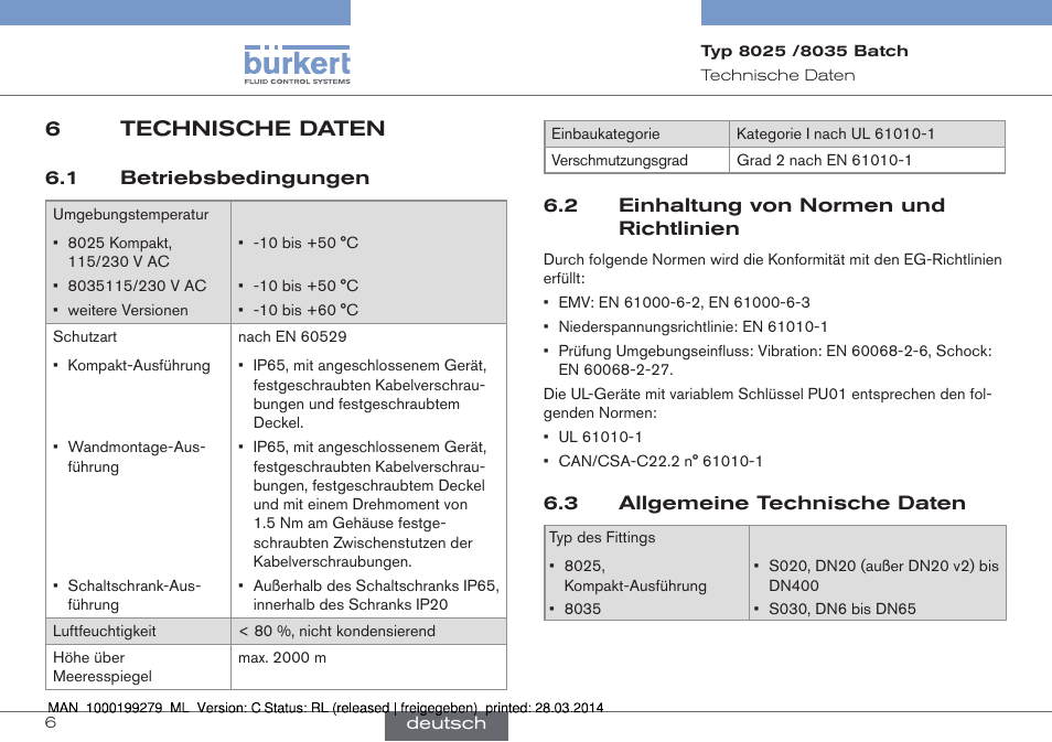 6 technische daten, 6technische daten | Burkert Type 8035 User Manual | Page 66 / 176